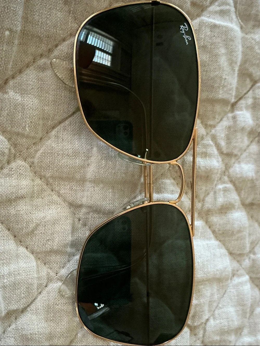 Ray-Ban Gold Frame Sunglasses with Dark Green Lenses and Brown Case